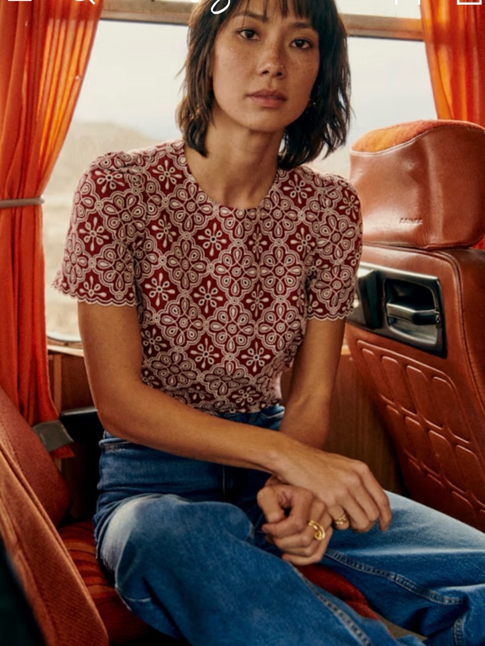 Sezane Burgundy Floral-Print Short Sleeve Top